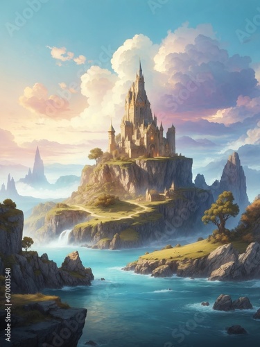 Illustration d'un magnifique décor de fantasy avec un puissant et glorieux château photo