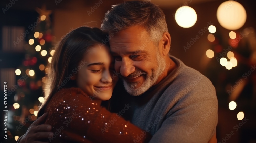 father day, cute teen girl hugging mature middle age dad. Love, kiss, care, happy smile enjoy family time. celebrate special occasion, happy birthday, merry Christmas. special day