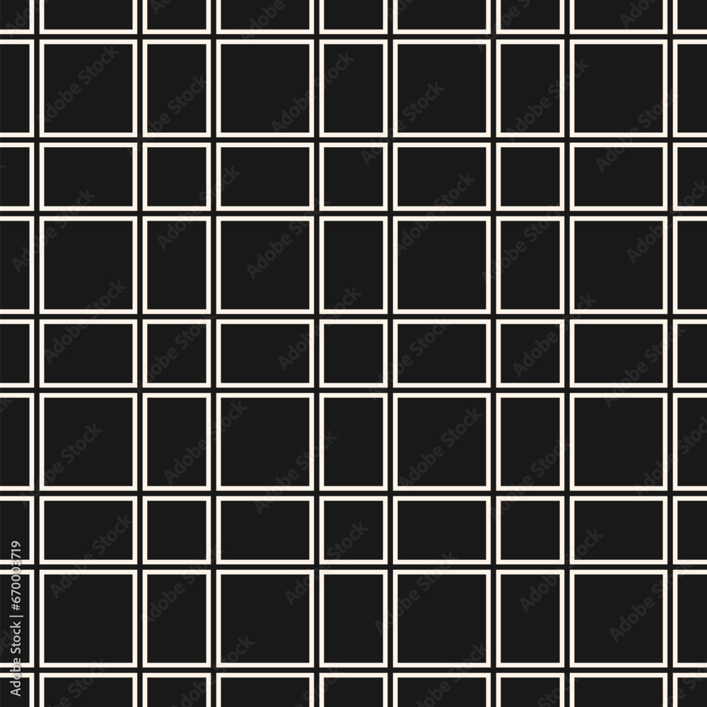 Simple square grid seamless pattern. Abstract minimal black and white geometric texture. Vector minimalist monochrome background with linear lattice, grid, net, mesh, grill. Repeated dark geo design