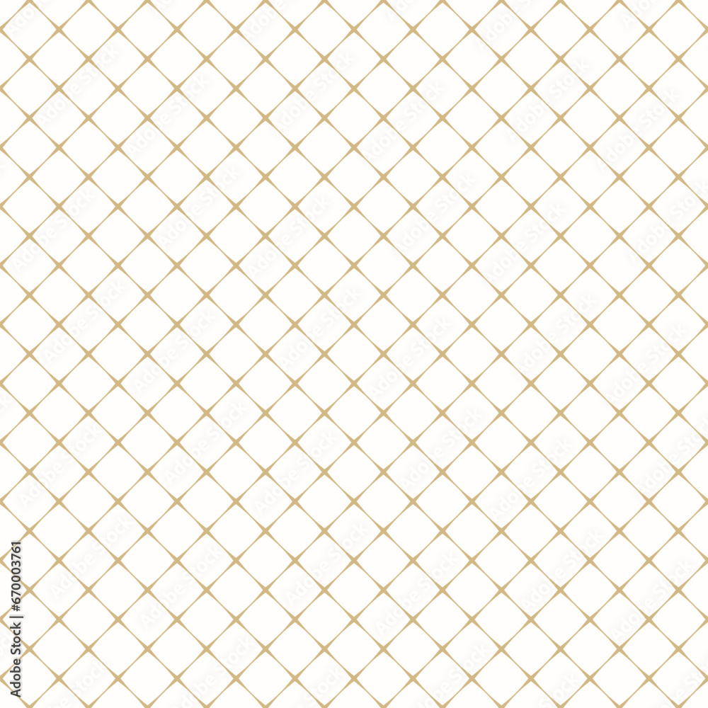 Square grid seamless pattern. Simple gold and white geometric texture with diagonal crossing lines, small square lattice, net, mesh, grill. Stylish abstract minimal golden background. Repeat design