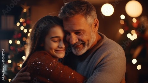 father day, cute teen girl hugging mature middle age dad. Love, kiss, care, happy smile enjoy family time. celebrate special occasion, happy birthday, merry Christmas. special day