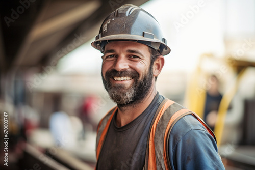 Portrait of a happy construction worker at a building site © alisaaa