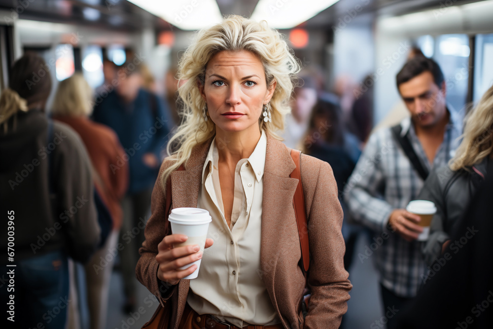 Confident mature woman with coffee navigating a busy urban crowd ...