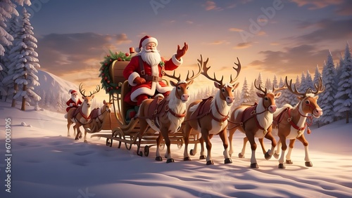 santa claus with gifts drive reindeers to town