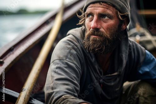 Rugged fisherman with a beard, deep in thought, aboard his wooden boat, with a backdrop of gloomy seas and overcast skies.