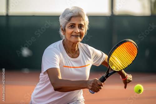 Indian old woman playing tennis © Neha