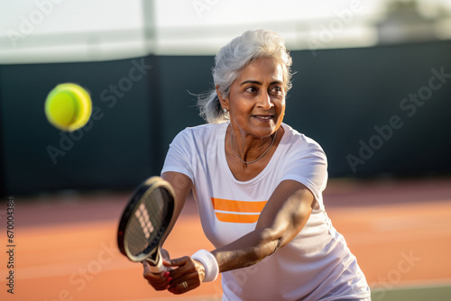 Indian old woman playing tennis