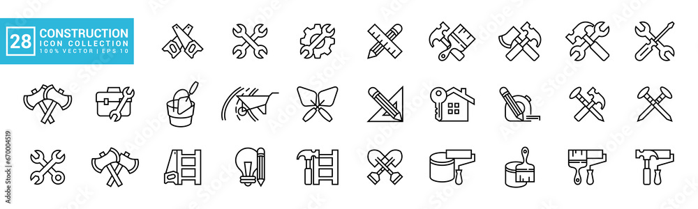 Collection of construction icons, home repair, building, carpentry tools, editable and resizable vector EPS 10