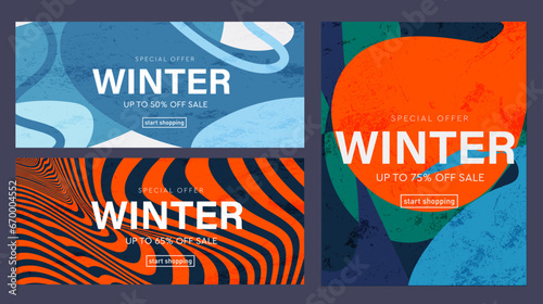 Winter Abstract Sale. Modern Gradient Set for Advertising, Social Media, Poster, Banner, Cover. Background Graphic Memphis Elements for Shopping, Retail, Market. Special Offer of 50-75% Off.  