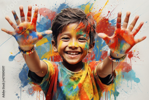 Indian child showing hands full of colors