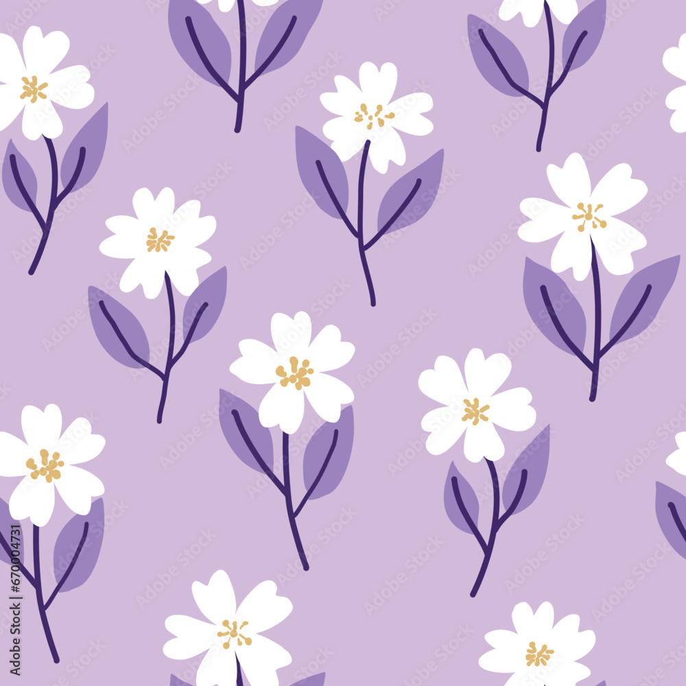 seamless floral pattern with white flower and purple leaves on purple background.use for wallpaper textile and print 
 