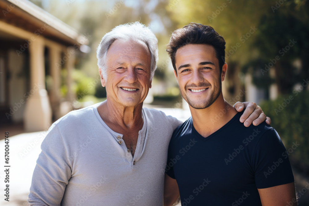 Portrait of a Happy Senior Father or Grandparent Posing Together with His Handsome Adult Son, Family Members Embrace Each Other, Standing, Looking at Camera and Smiling