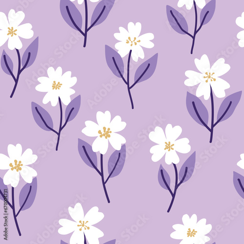 seamless floral pattern with white flower and purple leaves on purple background.use for wallpaper textile and print © Oratai