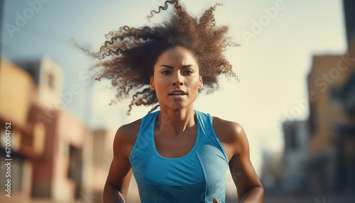 woman is running the 100 meters outdoors photo