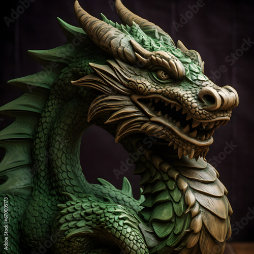 Green Dragon Guardian  Imagery of a wooden green dragon sculpture positioned as a guardian or protector  symbolizing strength and watchfulness