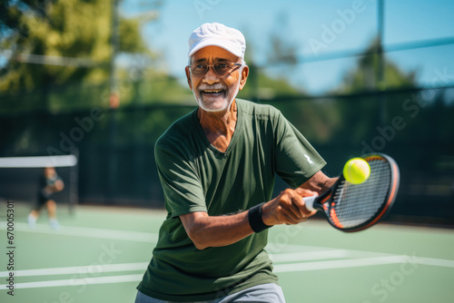 Indian elder man playing tennis © Neha