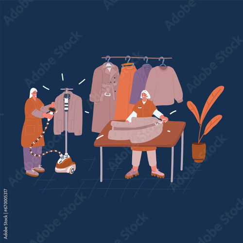 Cartoon vector illustration of Employee working at dry-cleaner's service