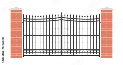 Vintage iron gate with bricks. Interweaving with knots. Isolated on white background.