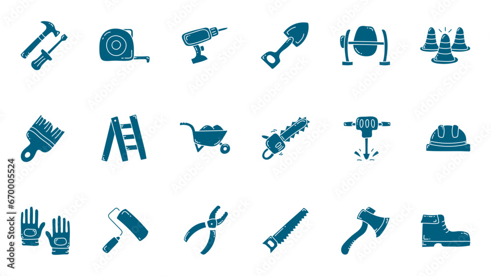 Construction tools flat icon collections. Construction tools doodle icon.