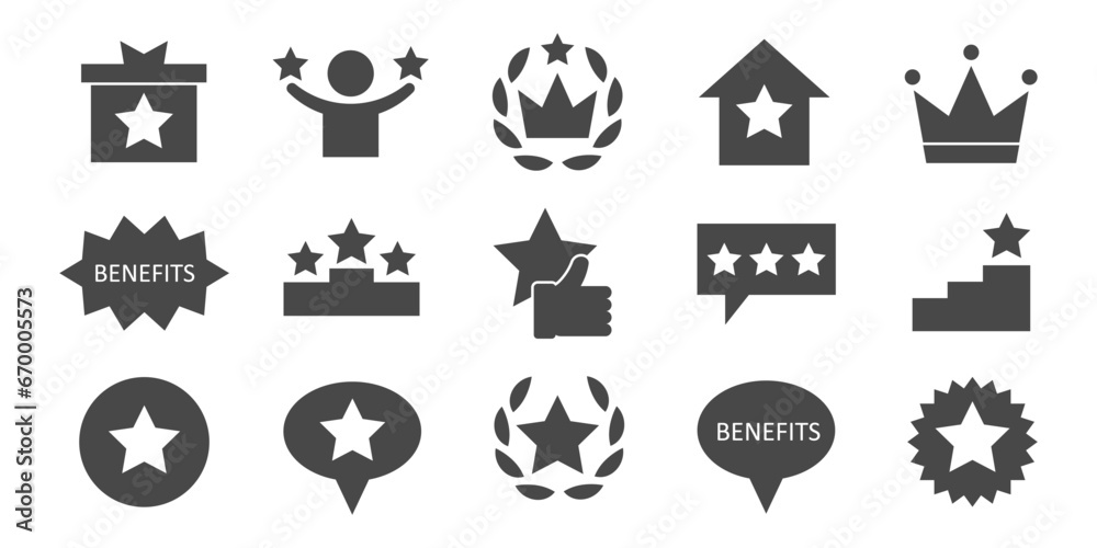 Benefits, award, winner star vector icon set
