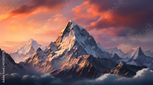 Capture the grandeur of majestic mountain peaks rising high above the earth, their rugged details and snow-capped summits making for an epic and highly detailed landscape photograph. © CanvasPixelDreams