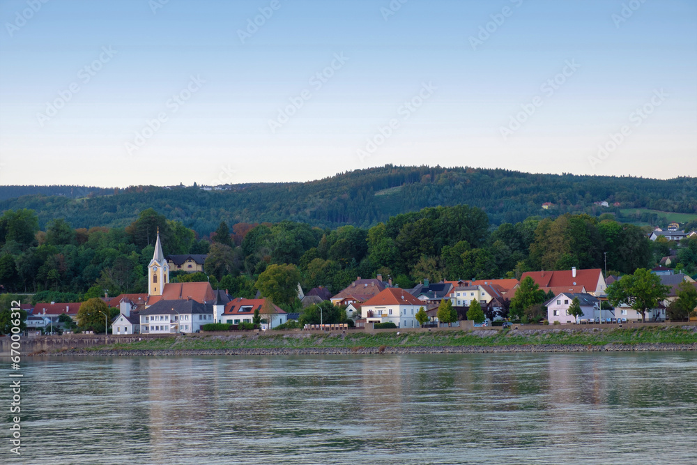 View of an Austrian village on a Danube river bank. District of Melk, lower Austria View of an Austrian village on a Danube river bank. District of Melk, lower Austria