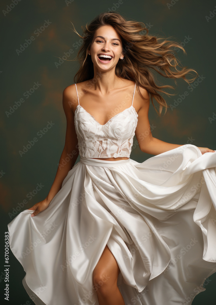 joyful bride in a white dress and veil jumping on a colored background, young beautiful woman, European girl, wedding, emotional face, portrait, expression, happiness, delight, movement, future wife