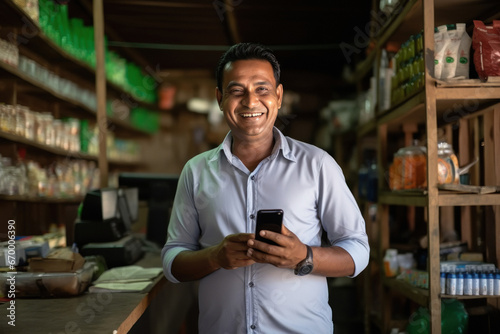 Foto indian shopkeeper holding smartphone