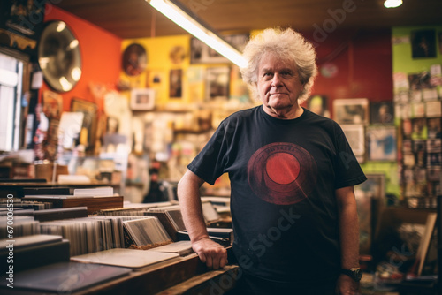 portrait of a senior record store owner in his shop
