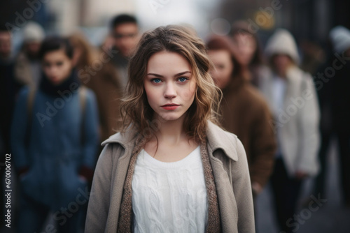 Portrait of a serious young woman among other defocused faces on the street