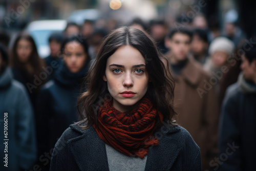 Portrait of a serious young woman among other defocused faces on the street