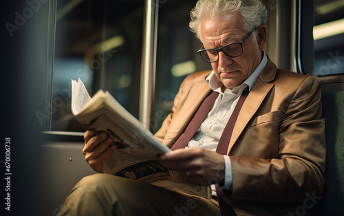 Man reading newspaper in subway, train, bus