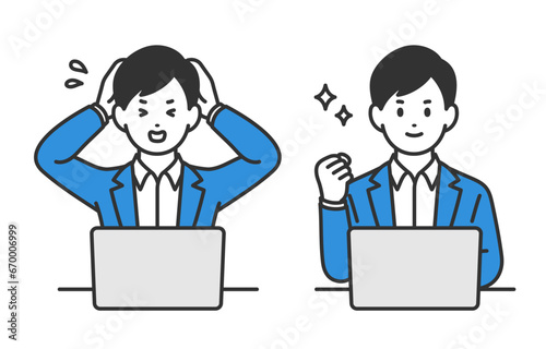 パソコンを見て焦る･ガッツポーズをするビジネスパーソン男性のセット【人物ベクターイラスト素材】