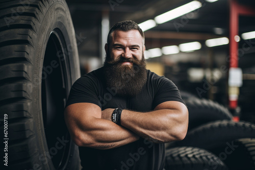 portrait of a strongman standing next to a truck tyre in a gym in Newcastle upon Tyne  England  He is looking at the camera and smiling