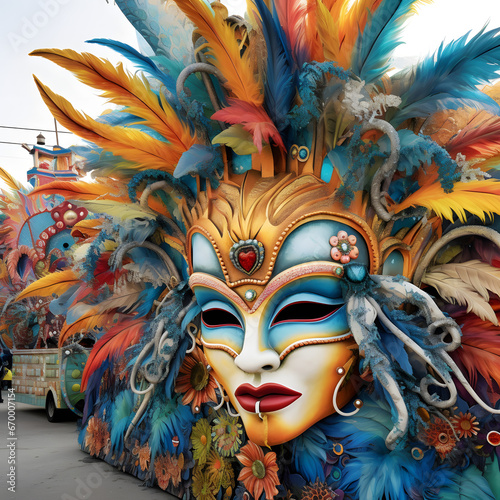 Colorful Parade Floats: Vibrant scenes of elaborately decorated Mardi Gras parade floats adorned with masks, beads, and feathers, capturing the festive spirit