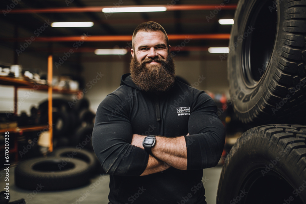 portrait of a strongman standing next to a truck tyre in a gym in Newcastle upon Tyne, England, He is looking at the camera and smiling