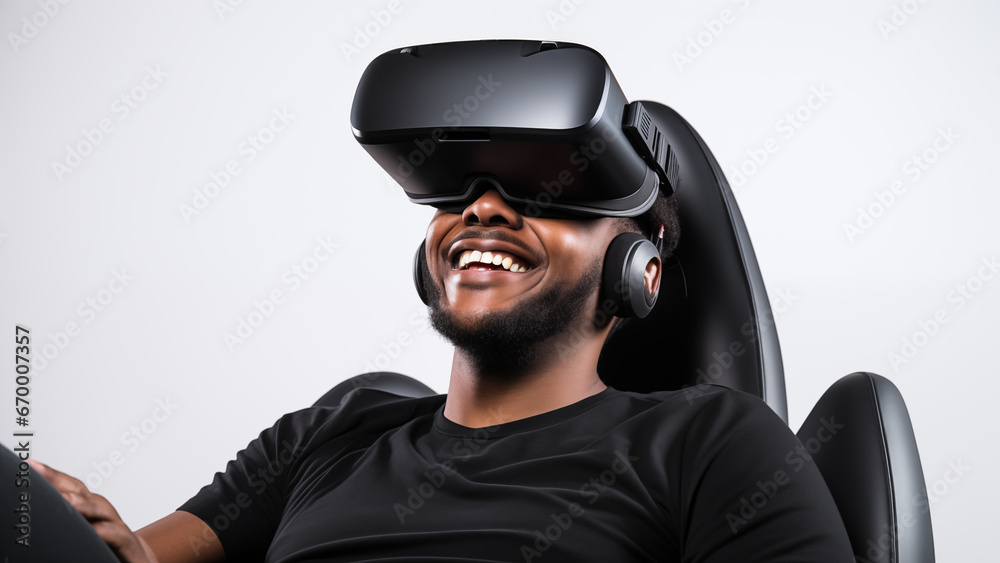 A man wearing a VR device and enjoying his own time comfortably in an empty space A man wearing a VR device and enjoying his own time comfortably in an empty space