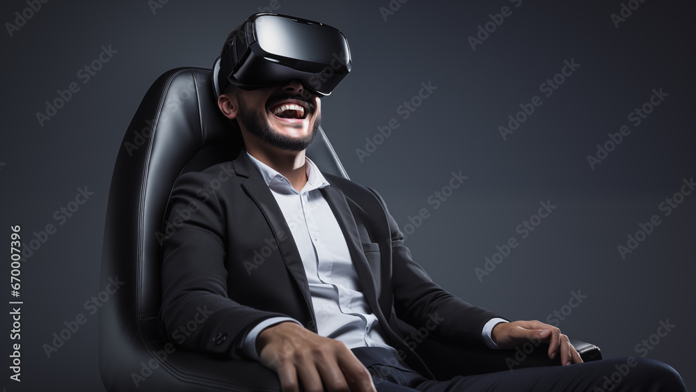 A man wearing a VR device and enjoying his own time comfortably in an empty space A man wearing a VR device and enjoying his own time comfortably in an empty space