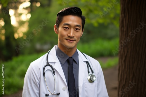 Asian doctor in medical attire set against a natural backdrop, with space for additional content photo