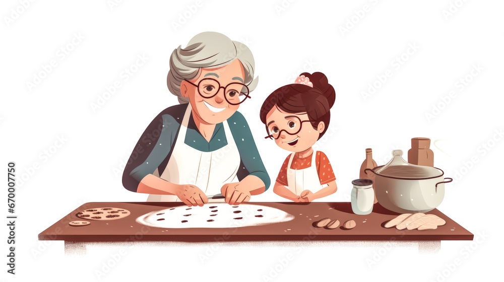 A grandmother patiently teaches her granddaughter to bake, guiding her little hands as they mix ingredients in a bowl.