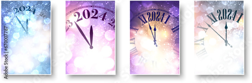 Happy new year 2024 countdown clock on purple and blue abstract glittering background with blurred sparkles and lights. Set of cards.