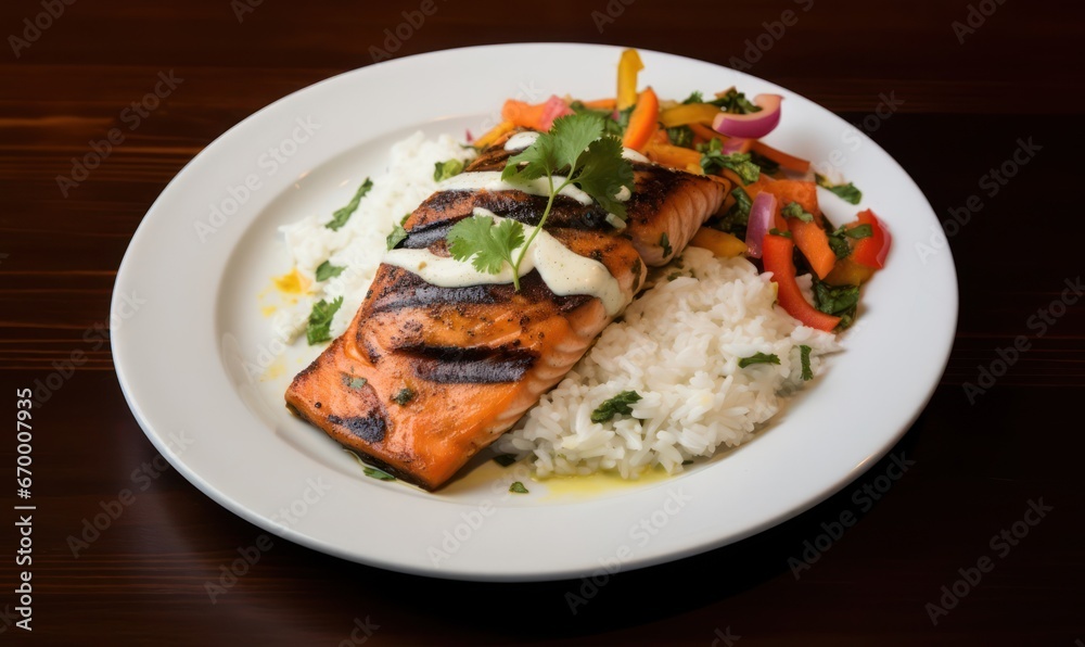 salmon with rice and vegetables. salmon with rice and vegetables.