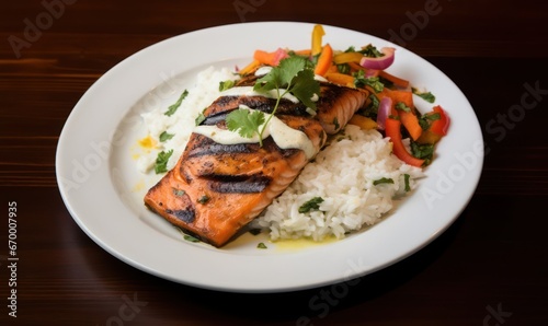 salmon with rice and vegetables.