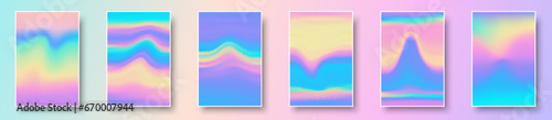 Set of colorful hologram paper card. Abstract holographic wavy gradient mesh color backgrounds.