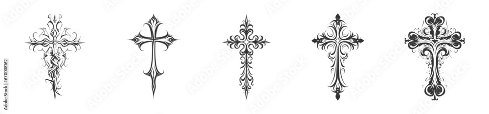 Cross tattoo silhouette set. Stencil art. Vector illustration