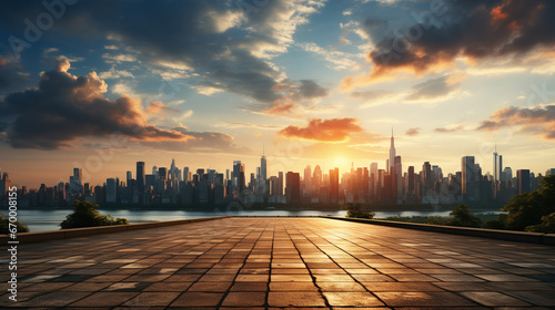 Empty square floor and city skyline with buildings background and sunlight