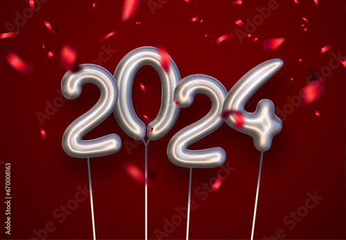 New Year 2024 background with silver inflated balloon numbers with red foil defocused confetti.