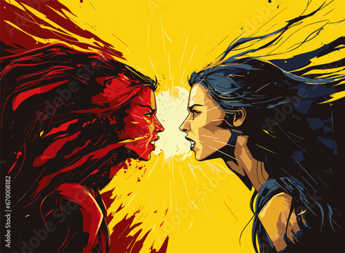 Two women against each other in pop art style. Cartoon vector illustration