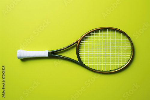 Tennis racket isolated on green background © Neha