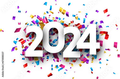 New Year 2024 paper numbers for calendar header on colorful background made of multicolored confetti.